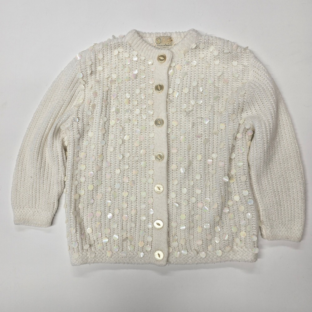 Vintage Joyce Lane‎ White Sequin Knit Cardigan Orlon Acrylic Sweater W.T. Grant